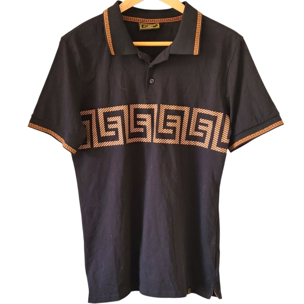 Casa Moda Couture Black and Gold Patterned Men's Polo Shirt S Casual